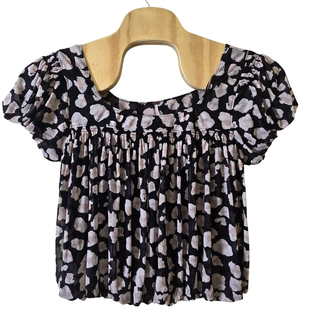 Free People Top Women Large Black Flower Fields Mesh Puff Sleeve Babydoll Blouse